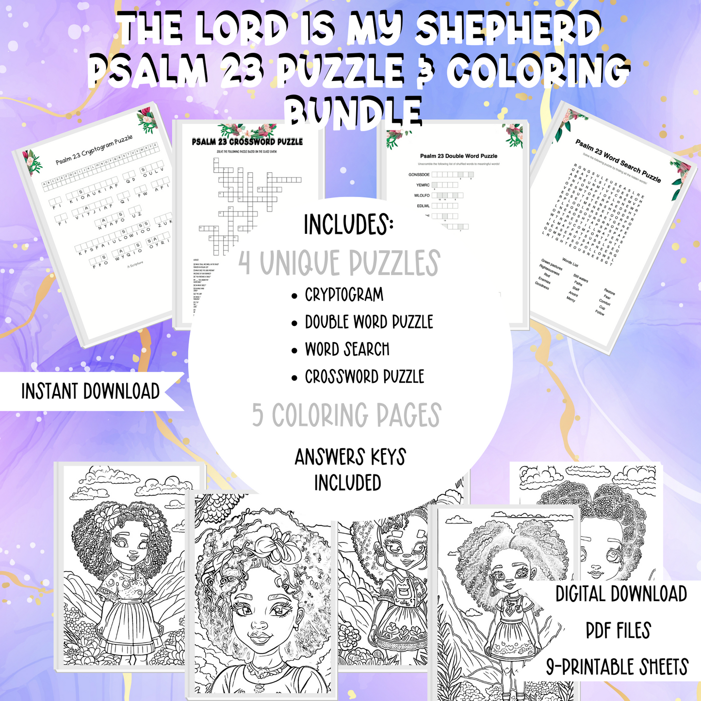 The Lord Is My Shepherd | Psalm 23| Word Puzzles | Coloring Pages| Faith-based activities | Christian coloring pages | Bible study activity