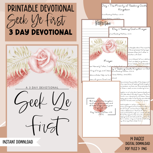 Devotional Printable, Bible Study, Christian activities, Morning Devotion, Instant Download, Seek Ye First