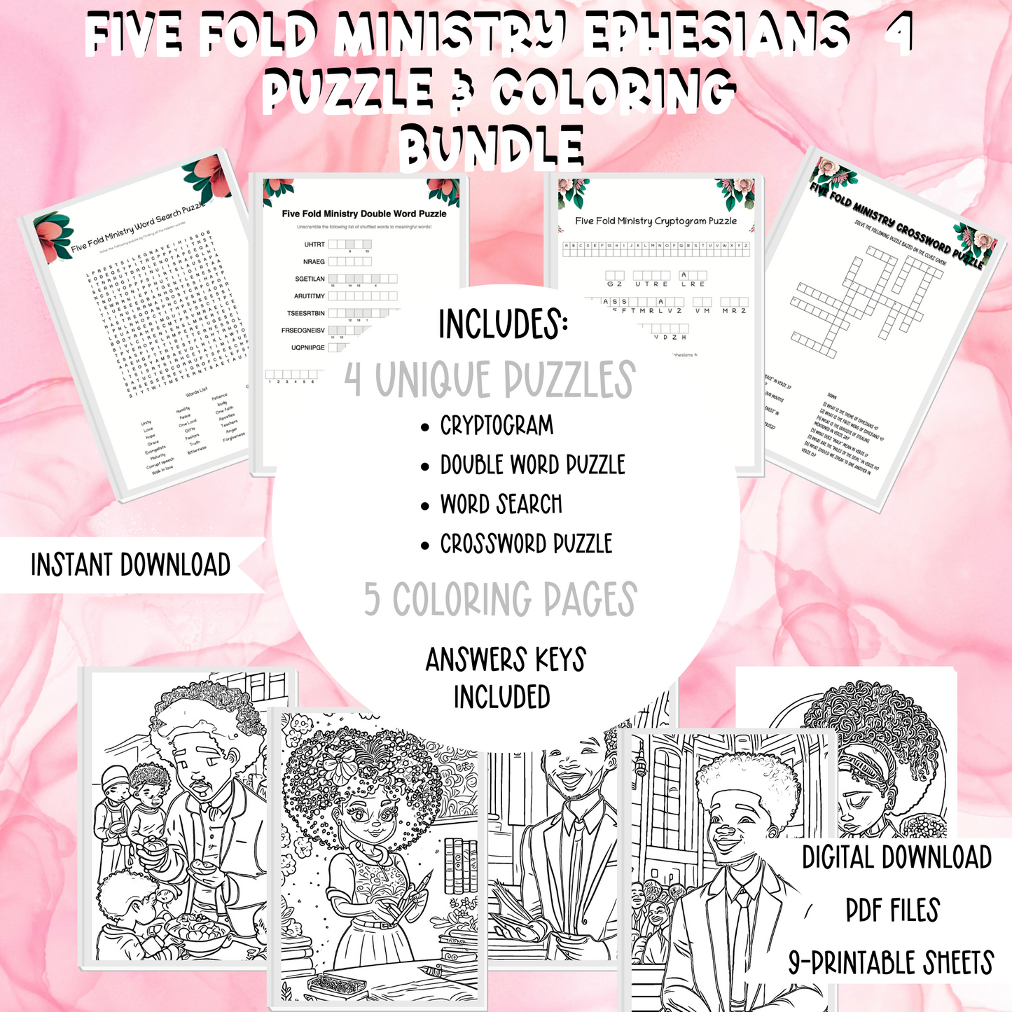 Five Fold Ministry| Ephesians 4| Word Puzzles | Coloring Pages| Faith-based activities | Christian coloring pages | Bible study activities |